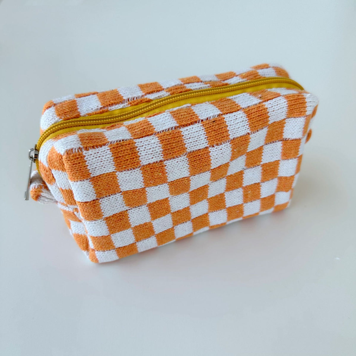 Two Tone Check Knit Makeup Pouch - orange