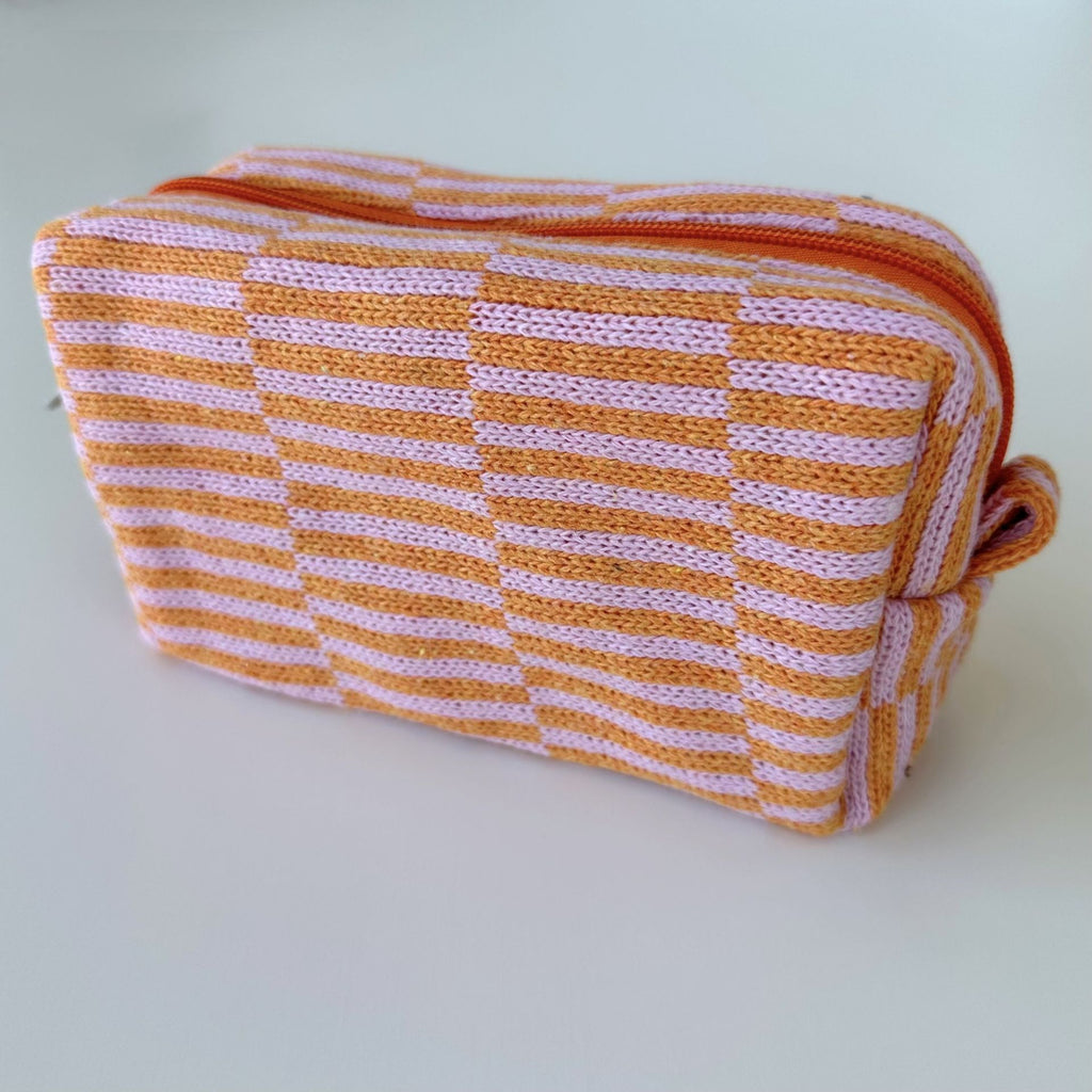 Two Tone Check Knit Makeup Pouch - orange-s