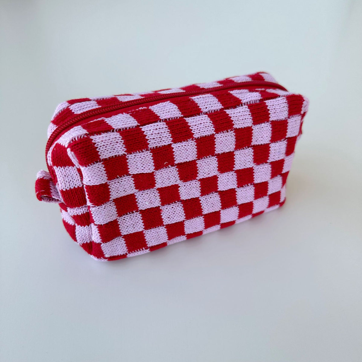Two Tone Check Knit Makeup Pouch - pink