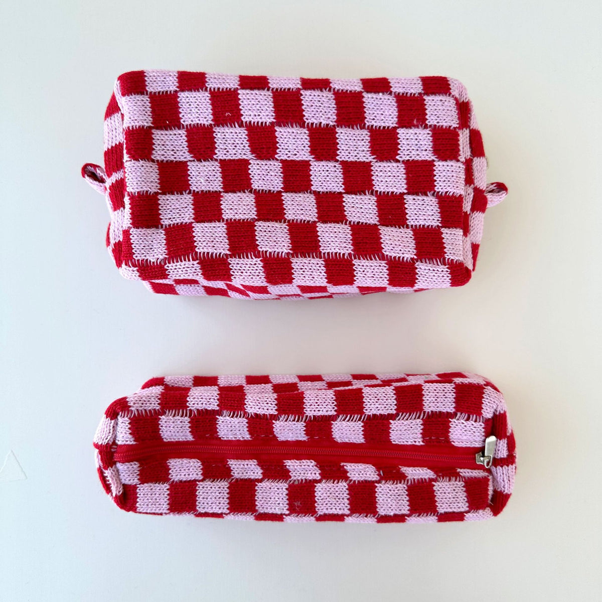 Two Tone Check Knit Makeup Pouch - pink - 1