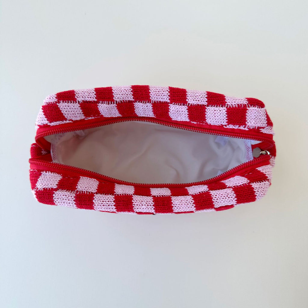 Two Tone Check Knit Makeup Pouch - pink - 2