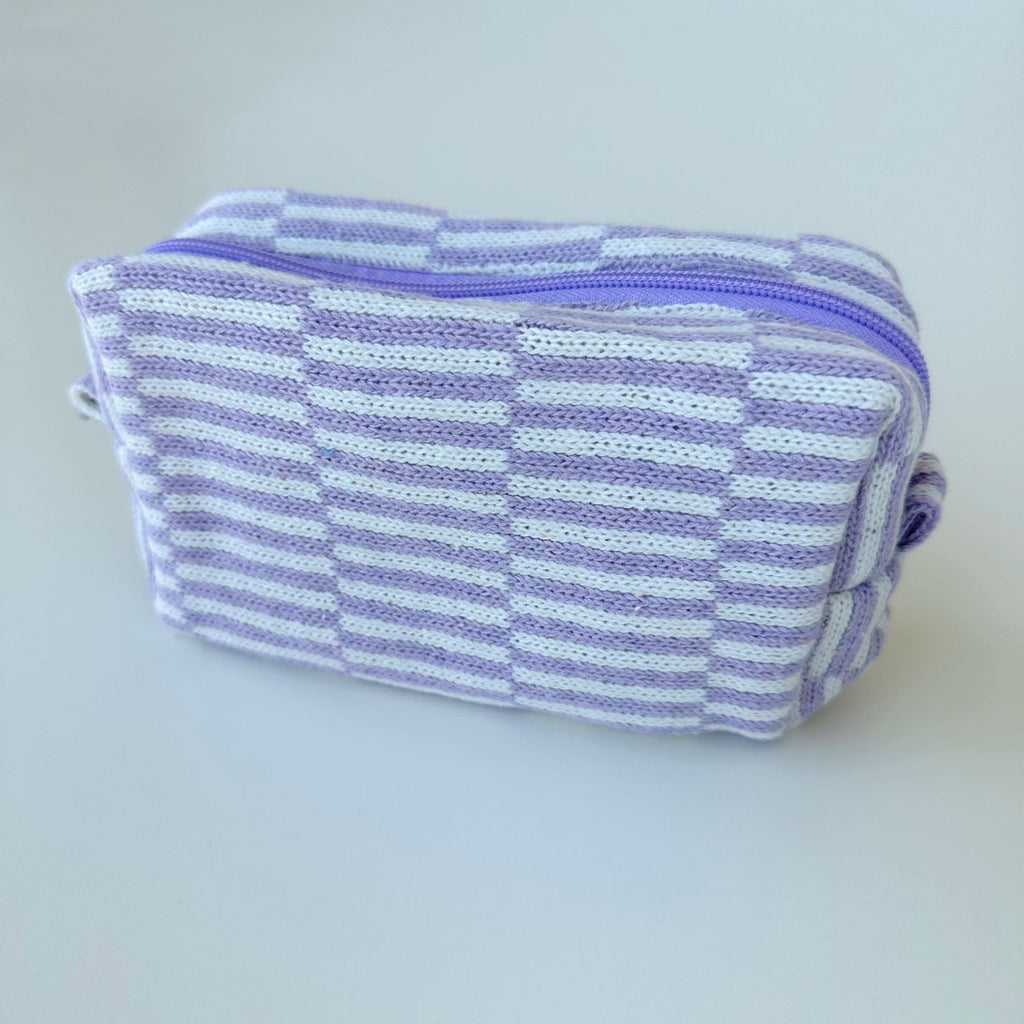 Two Tone Check Knit Makeup Pouch - purple-s