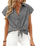 Gingham Check Tie Hem Short Sleeve Shirt - Black