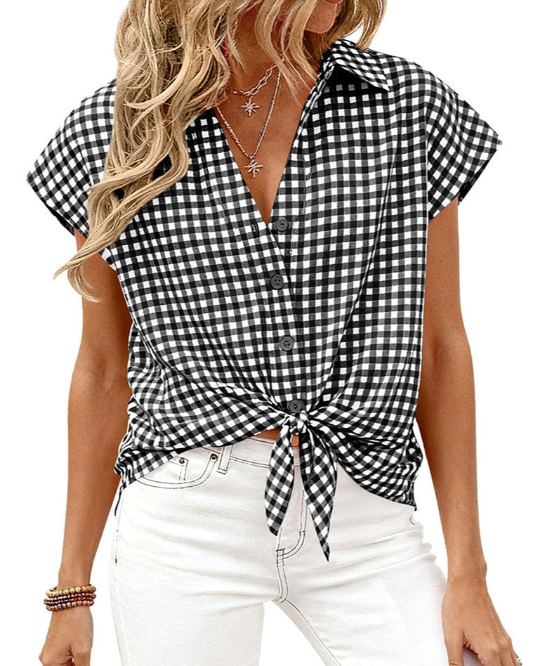 Gingham Check Tie Hem Short Sleeve Shirt - Black