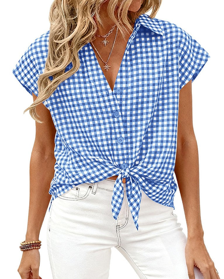 Gingham Check Tie Hem Short Sleeve Shirt - Light-Blue