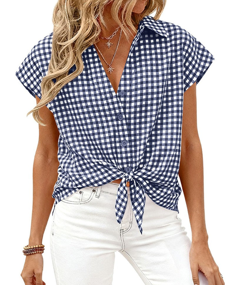 Gingham Check Tie Hem Short Sleeve Shirt - Navy-Blue