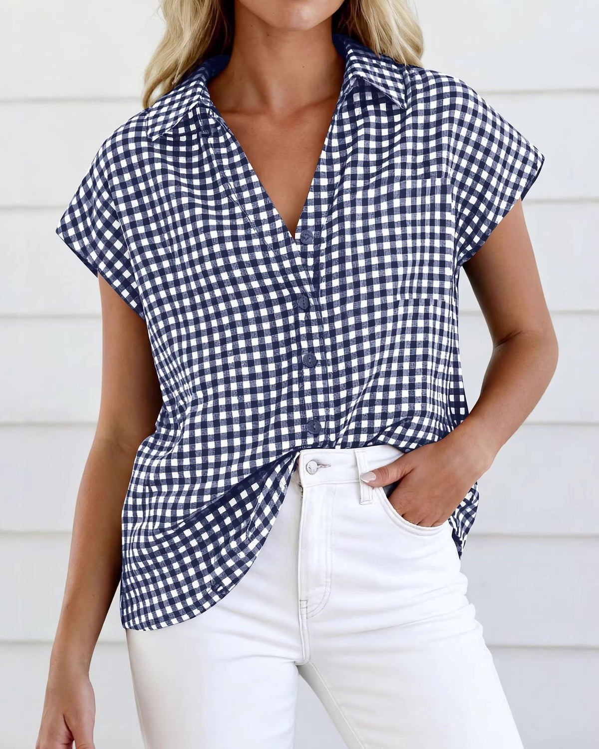 Gingham Check Tie Hem Short Sleeve Shirt - Navy-Blue - 1
