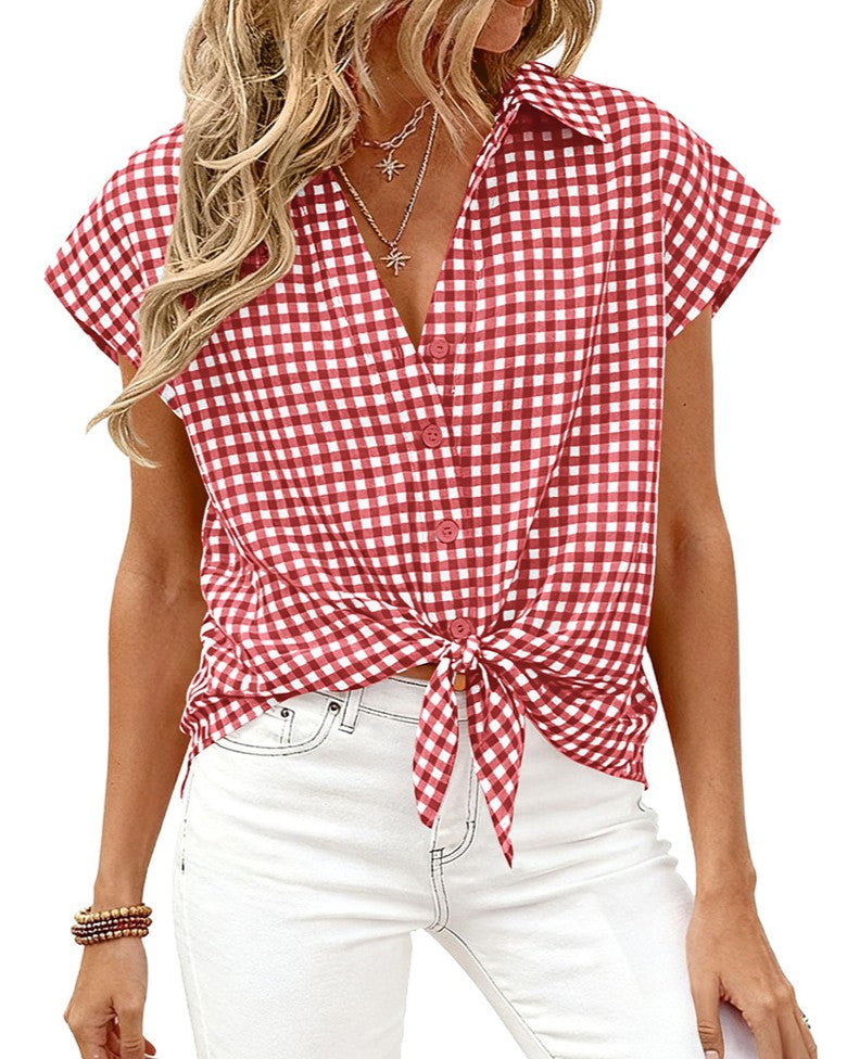 Gingham Check Tie Hem Short Sleeve Shirt - Red