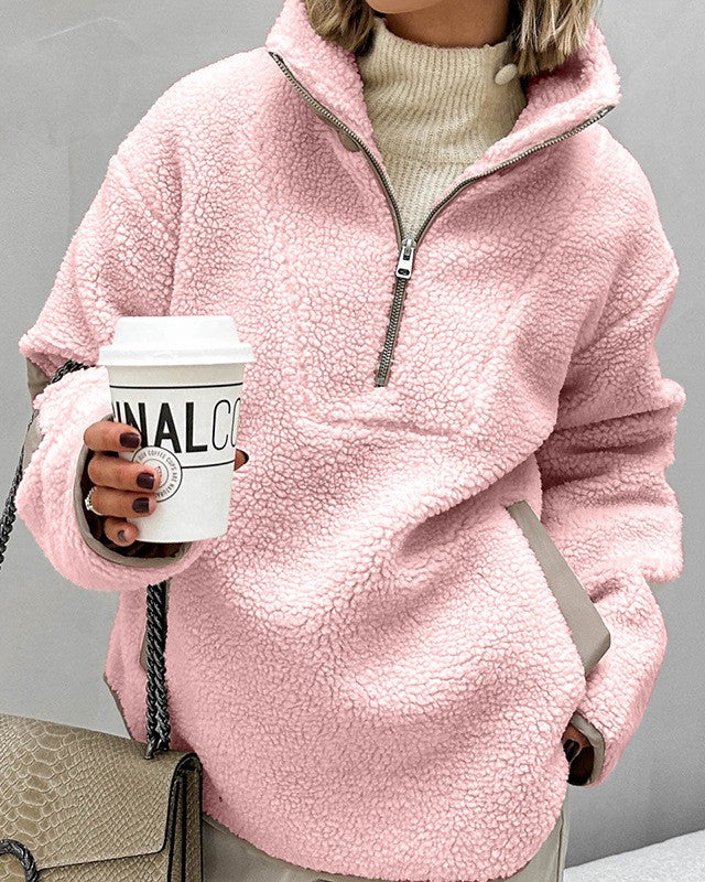 Sherpa Half Zip Oversized Pullover Sweatshirt - Pink