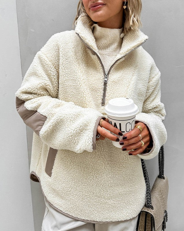 Sherpa Half Zip Oversized Pullover Sweatshirt - White