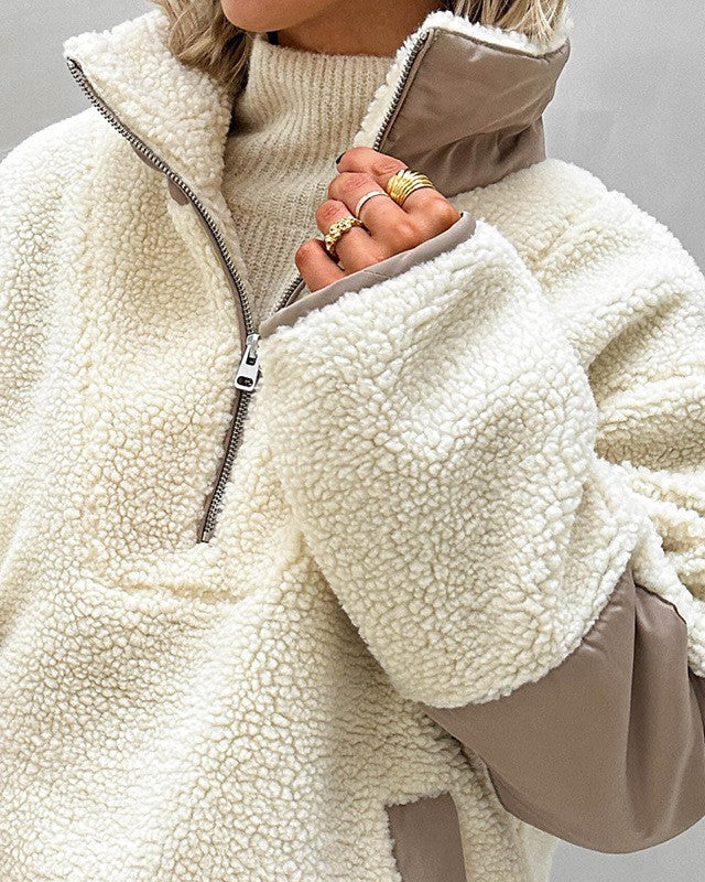 Sherpa Half Zip Oversized Pullover Sweatshirt - White - 1
