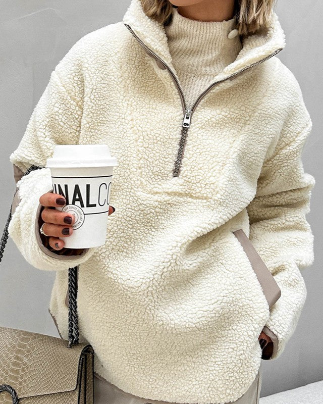 Sherpa Half Zip Oversized Pullover Sweatshirt - White - 2