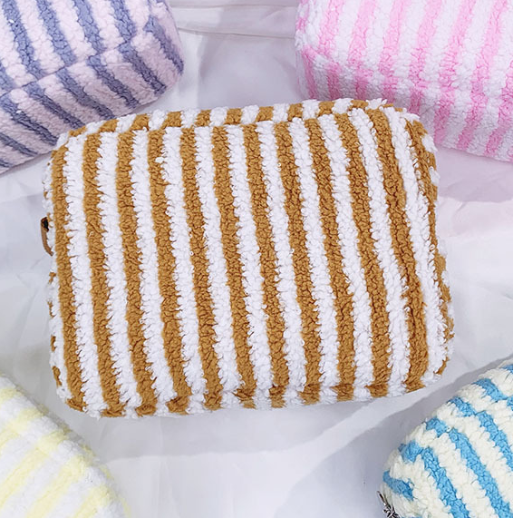 Large Fluffy Striped Zip Makeup Pouch - Khaki