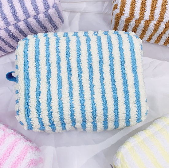 Large Fluffy Striped Zip Makeup Pouch - LakeBlue