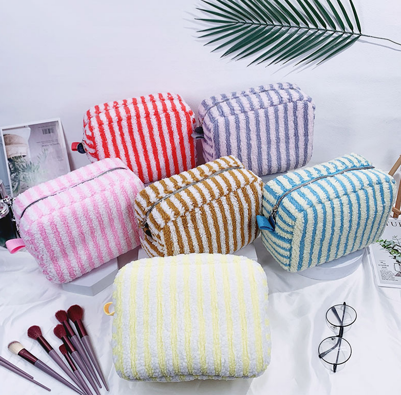 Large Fluffy Striped Zip Makeup Pouch - Pink