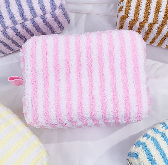 Large Fluffy Striped Zip Makeup Pouch - Pink - 1