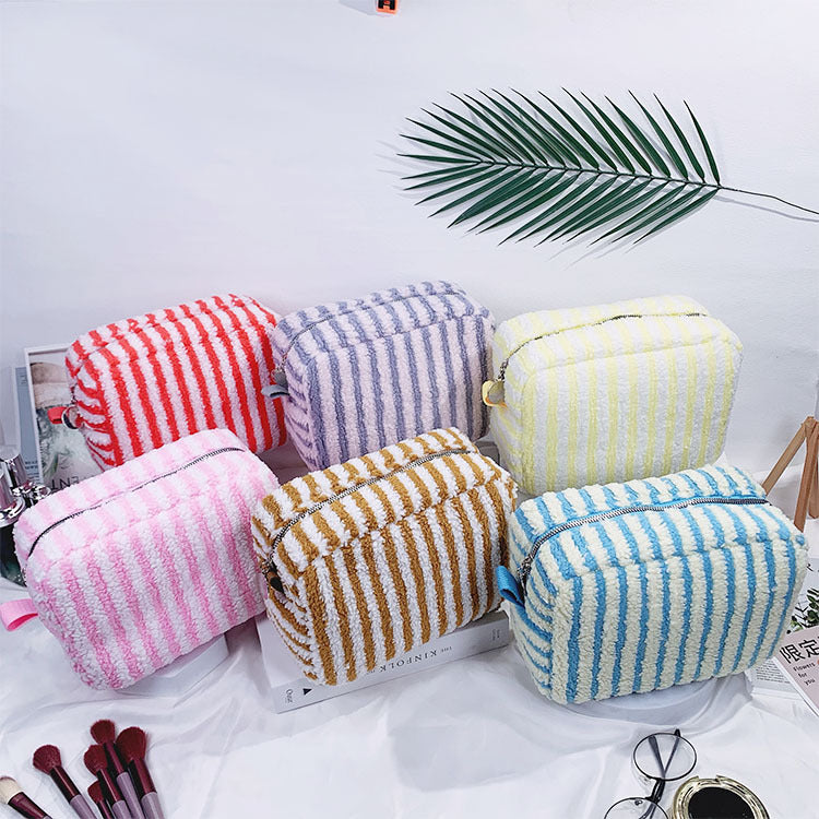 Large Fluffy Striped Zip Makeup Pouch - Pink - 2