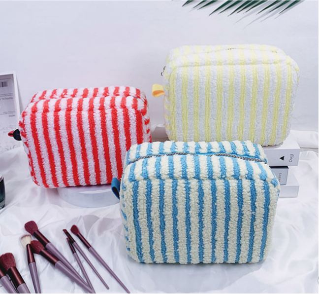 Large Fluffy Striped Zip Makeup Pouch - Pink - 4