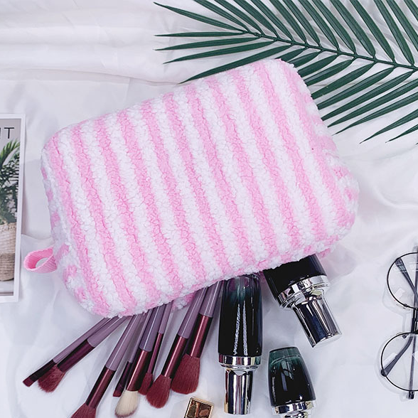 Large Fluffy Striped Zip Makeup Pouch - Pink - 5