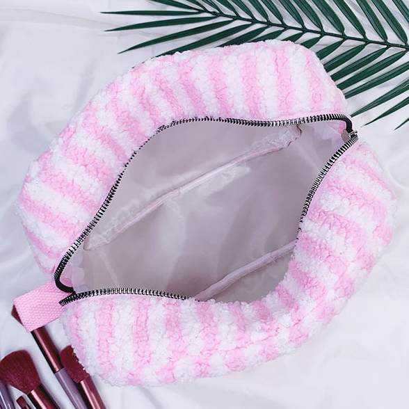 Large Fluffy Striped Zip Makeup Pouch - Pink - 6