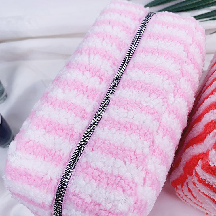 Large Fluffy Striped Zip Makeup Pouch - Pink - 8