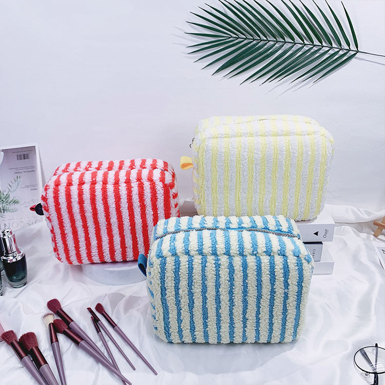 Large Fluffy Striped Zip Makeup Pouch - Pink - 9
