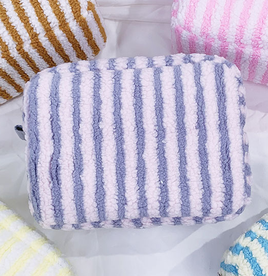 Large Fluffy Striped Zip Makeup Pouch - Purple
