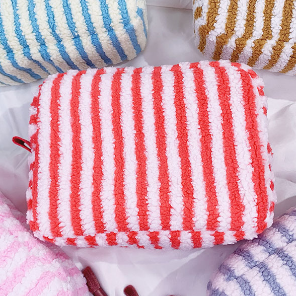 Large Fluffy Striped Zip Makeup Pouch - Red