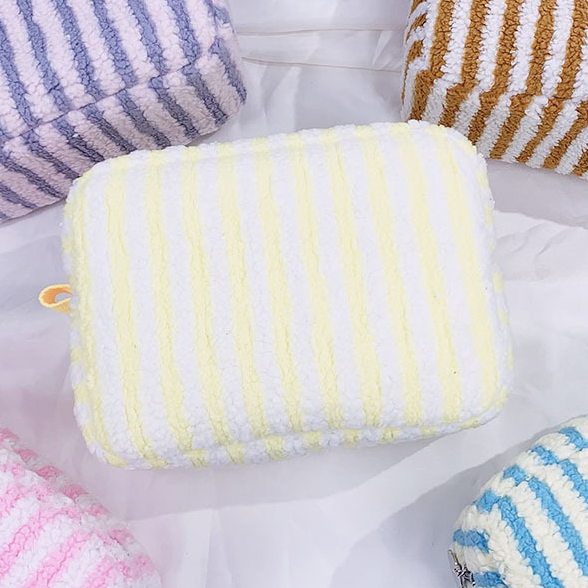 Large Fluffy Striped Zip Makeup Pouch - Yellow