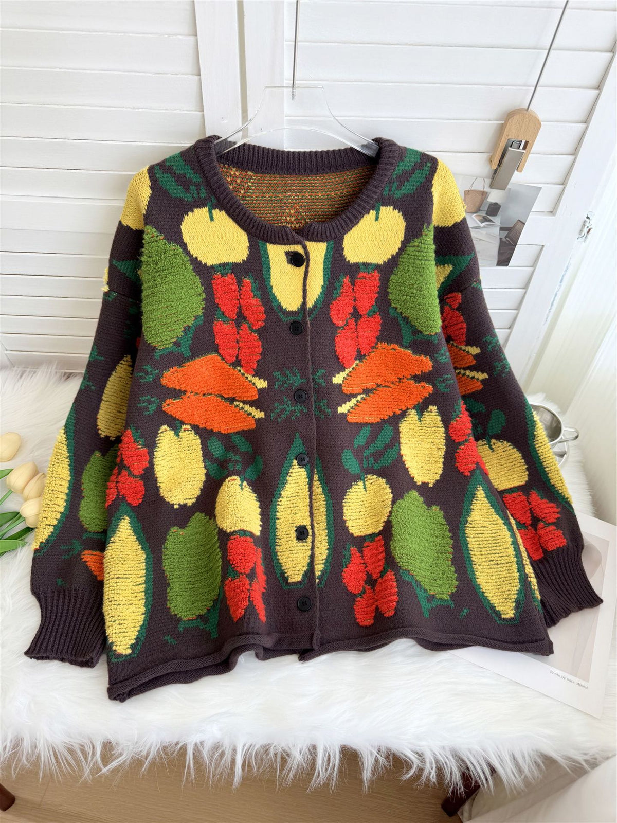 Quirky 3D Veggie Knit Oversized Cardigan - Coffee