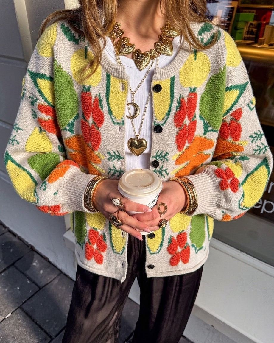 Quirky 3D Veggie Knit Oversized Cardigan - White