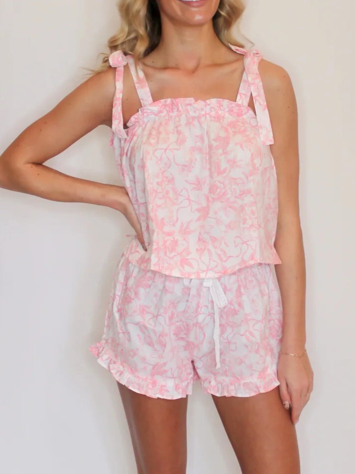 Floral Tie Strap Ruffle Sleep Set - Pink