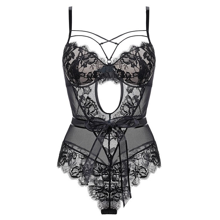 Strappy Eyelash Lace Underwire Mesh Bodysuit - Black