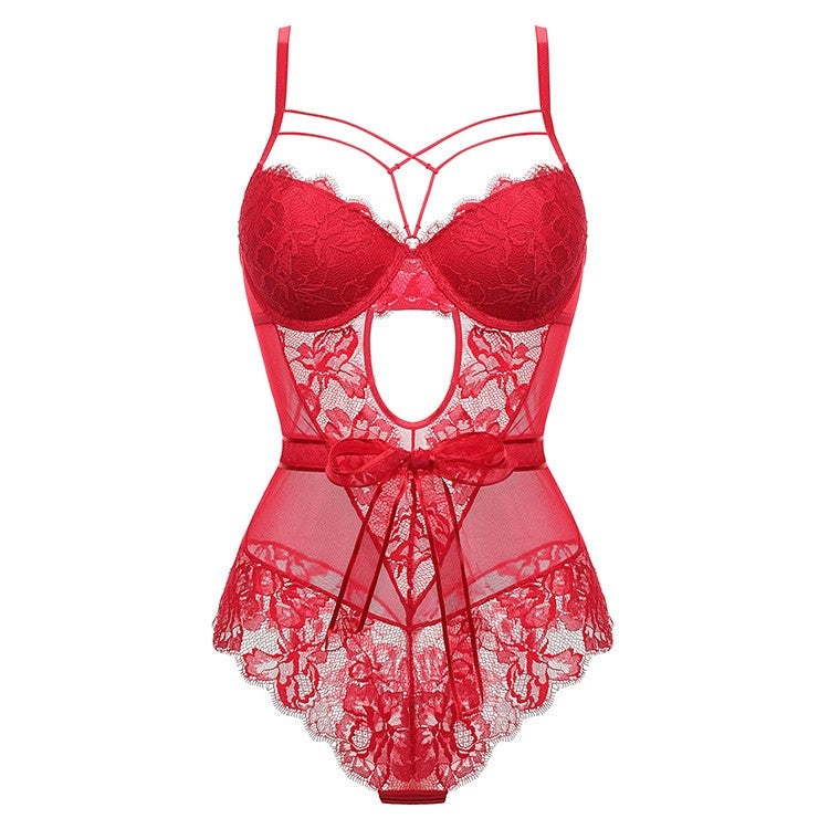 Strappy Eyelash Lace Underwire Mesh Bodysuit - Red