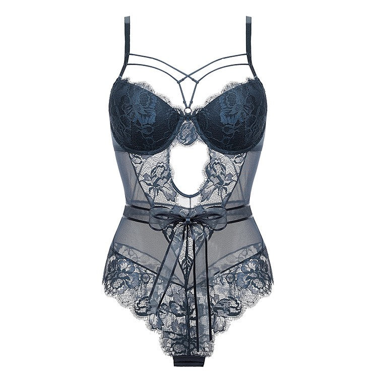 Strappy Eyelash Lace Underwire Mesh Bodysuit