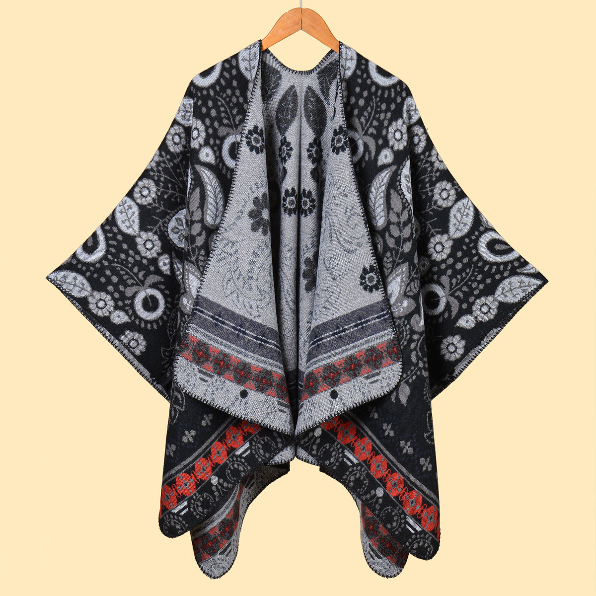Boho Medallion Print Blanket Poncho Cape - Black