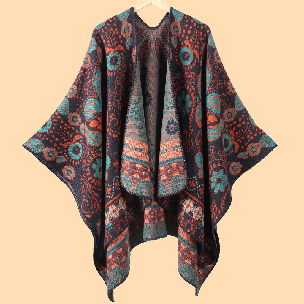 Boho Medallion Print Blanket Poncho Cape - Navyblue
