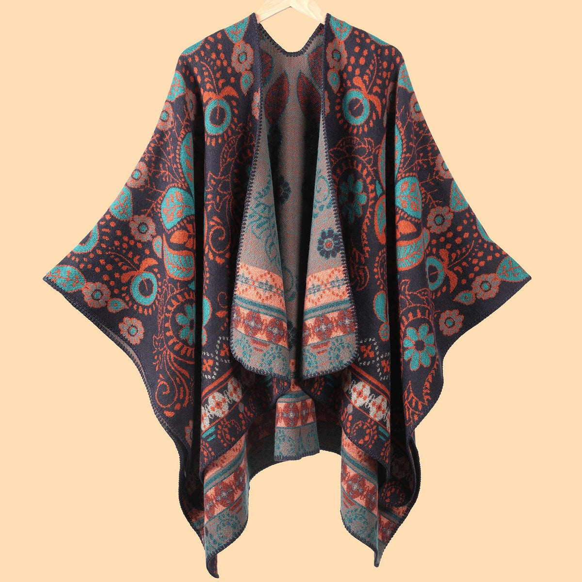 Boho Medallion Print Blanket Poncho Cape - Navyblue