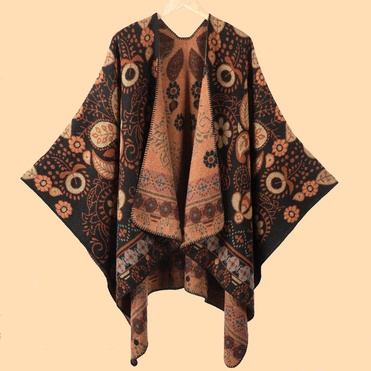 Boho Medallion Print Blanket Poncho Cape - Orange