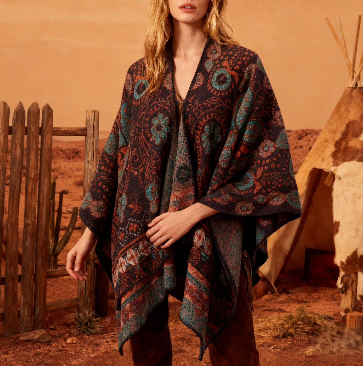 Boho Medallion Print Blanket Poncho Cape