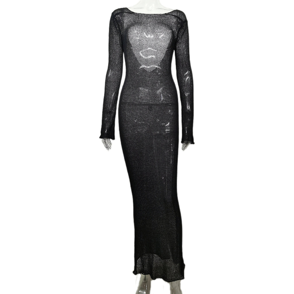 Sheer Knit Long Sleeve Maxi Cover Up - Black - 1