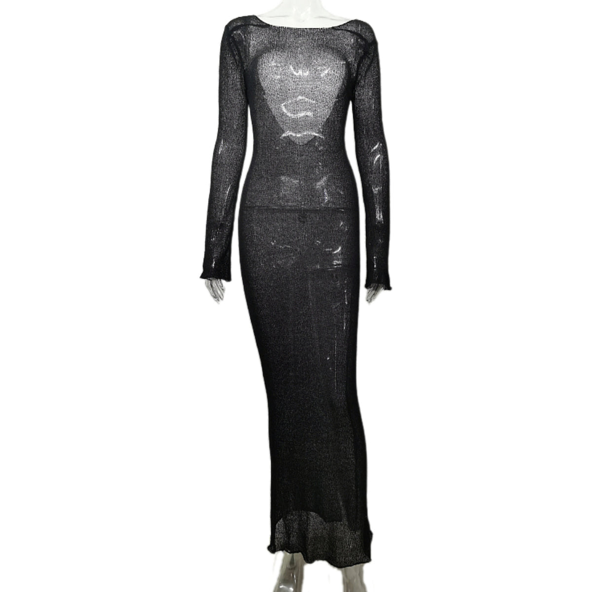 Sheer Knit Long Sleeve Maxi Cover Up - Black - 1