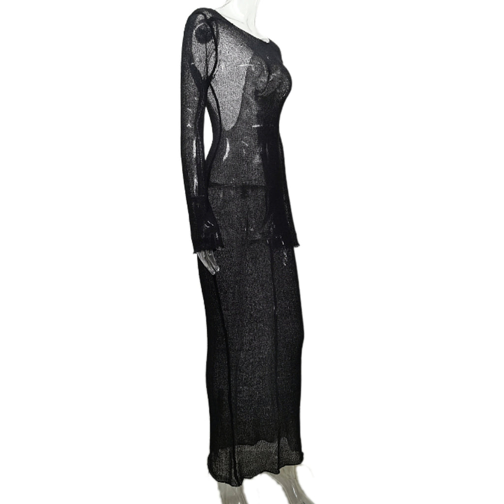 Sheer Knit Long Sleeve Maxi Cover Up - Black - 2