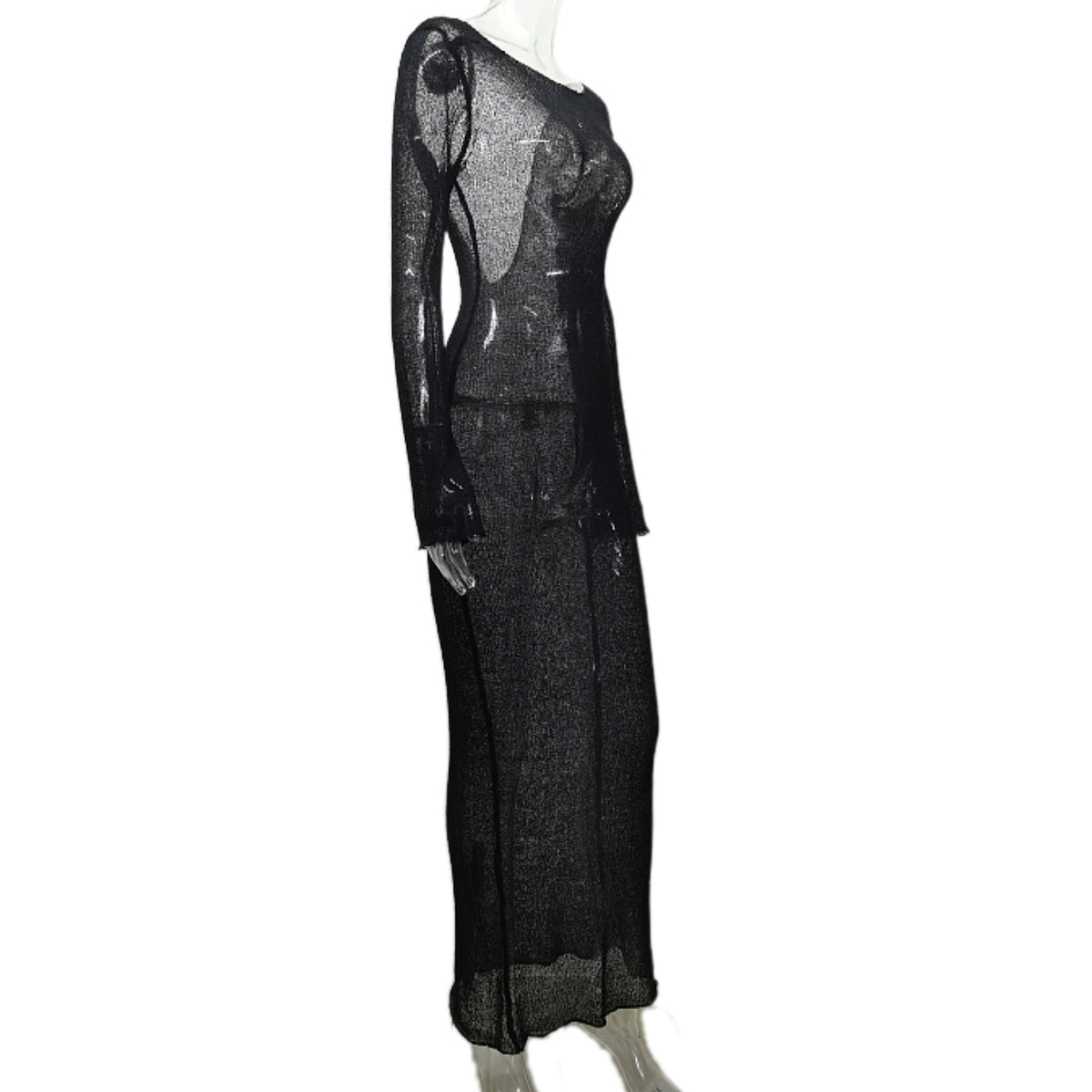 Sheer Knit Long Sleeve Maxi Cover Up - Black - 2