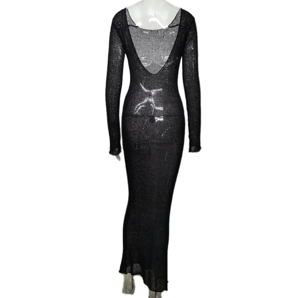 Sheer Knit Long Sleeve Maxi Cover Up - Black - 3