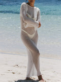 Sheer Knit Long Sleeve Maxi Cover Up - White