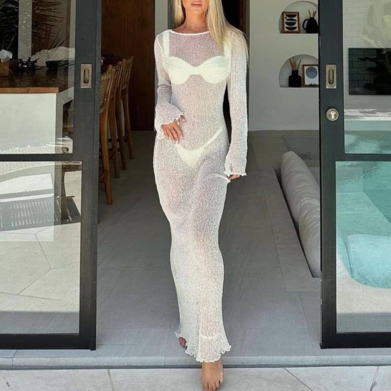 Sheer Knit Long Sleeve Maxi Cover Up