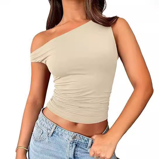 One Shoulder Ruched Slim Tank Top - Apricot