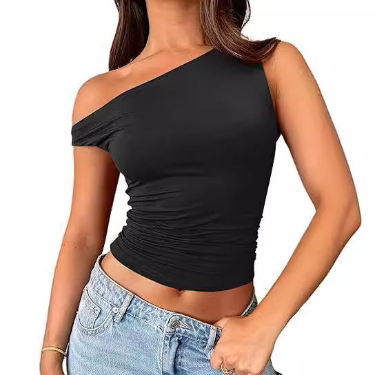 One Shoulder Ruched Slim Tank Top - Black