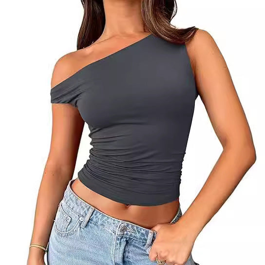 One Shoulder Ruched Slim Tank Top - Grey